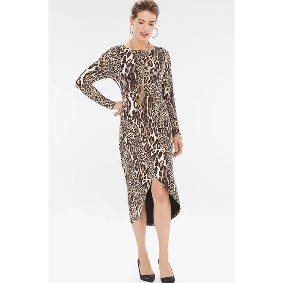 Chico's Black Label Leopard Print Wrap Dress Womens 4/6 Tan Rayon Blend - Picture 1 of 8